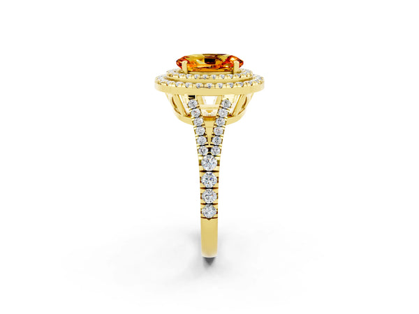 Yellow gold Oval Cut Citrine Double Halo Ring with Pavé Band and Prong Setting