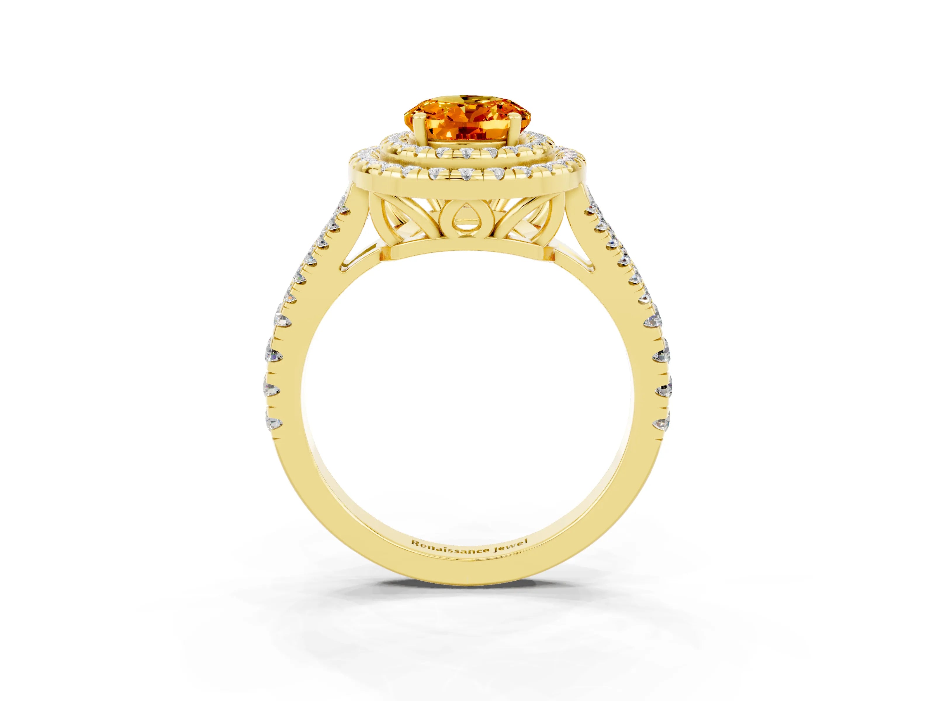 Yellow gold Oval Cut Citrine Double Halo Ring with Pavé Band and Prong Setting_15