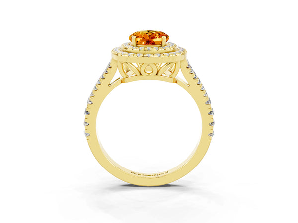Yellow gold Oval Cut Citrine Double Halo Ring with Pavé Band and Prong Setting
