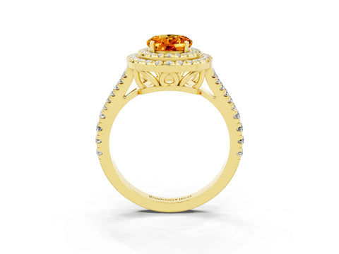 Yellow gold Oval Cut Citrine Double Halo Ring with Pavé Band and Prong Setting_15