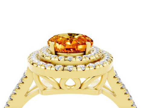 Yellow gold Oval Cut Citrine Double Halo Ring with Pavé Band and Prong Setting_16