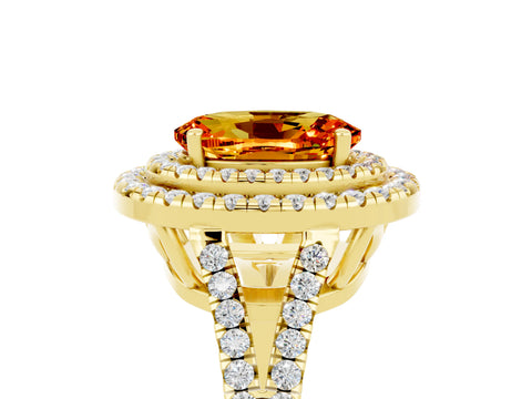 Yellow gold Oval Cut Citrine Double Halo Ring with Pavé Band and Prong Setting_17