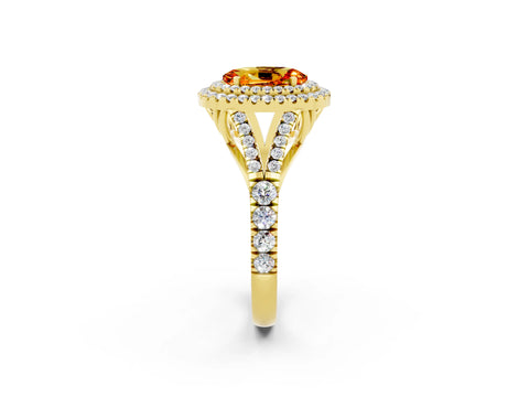 Yellow gold Oval Cut Citrine Double Halo Ring with Split Shank and Prong Setting_14