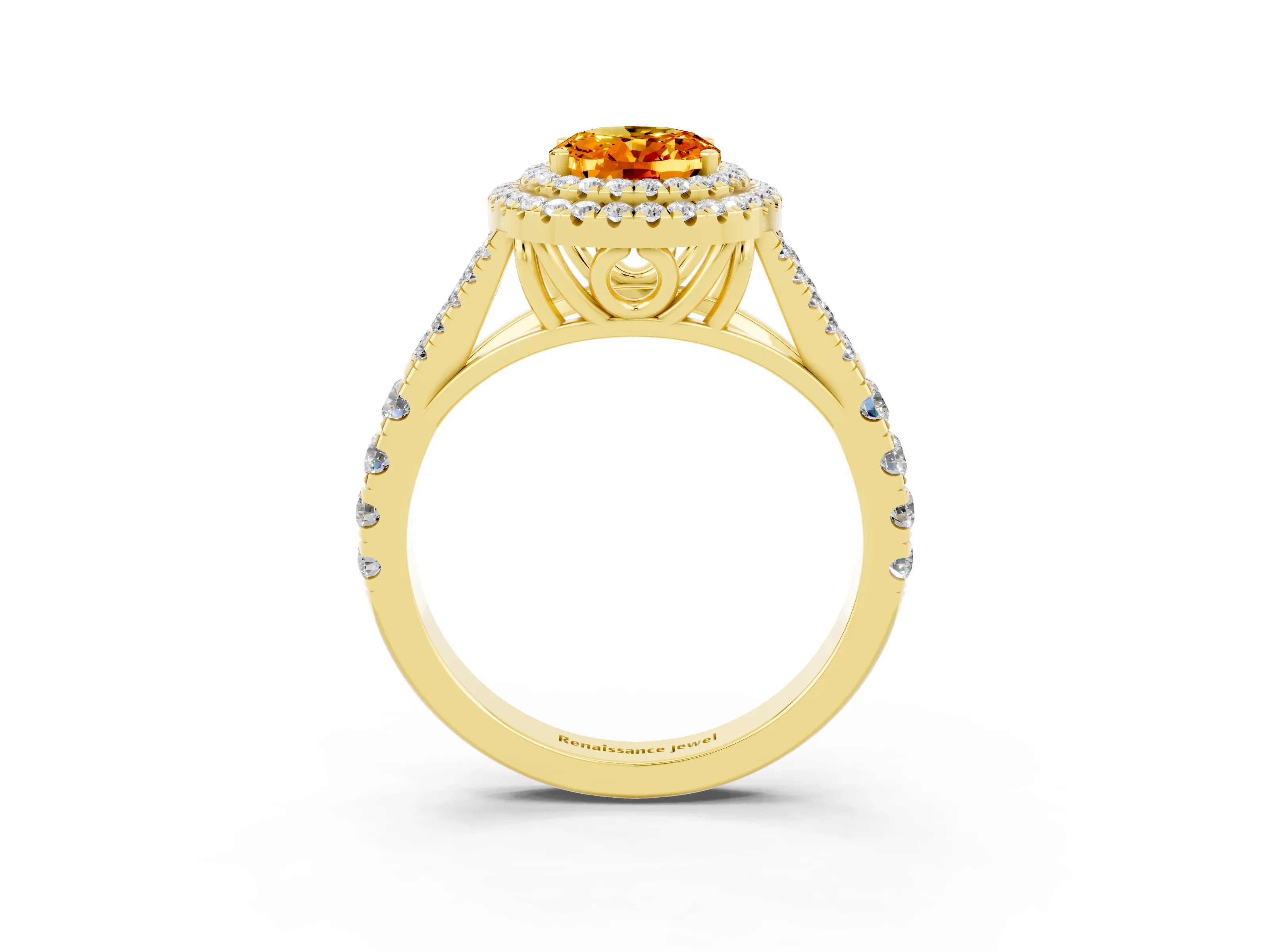 Yellow gold Oval Cut Citrine Double Halo Ring with Split Shank and Prong Setting_15