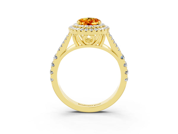 Yellow gold Oval Cut Citrine Double Halo Ring with Split Shank and Prong Setting