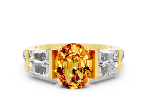 Yellow gold Oval Cut Citrine Engagement Ring with Baguette Side Stones and Channel Set Band