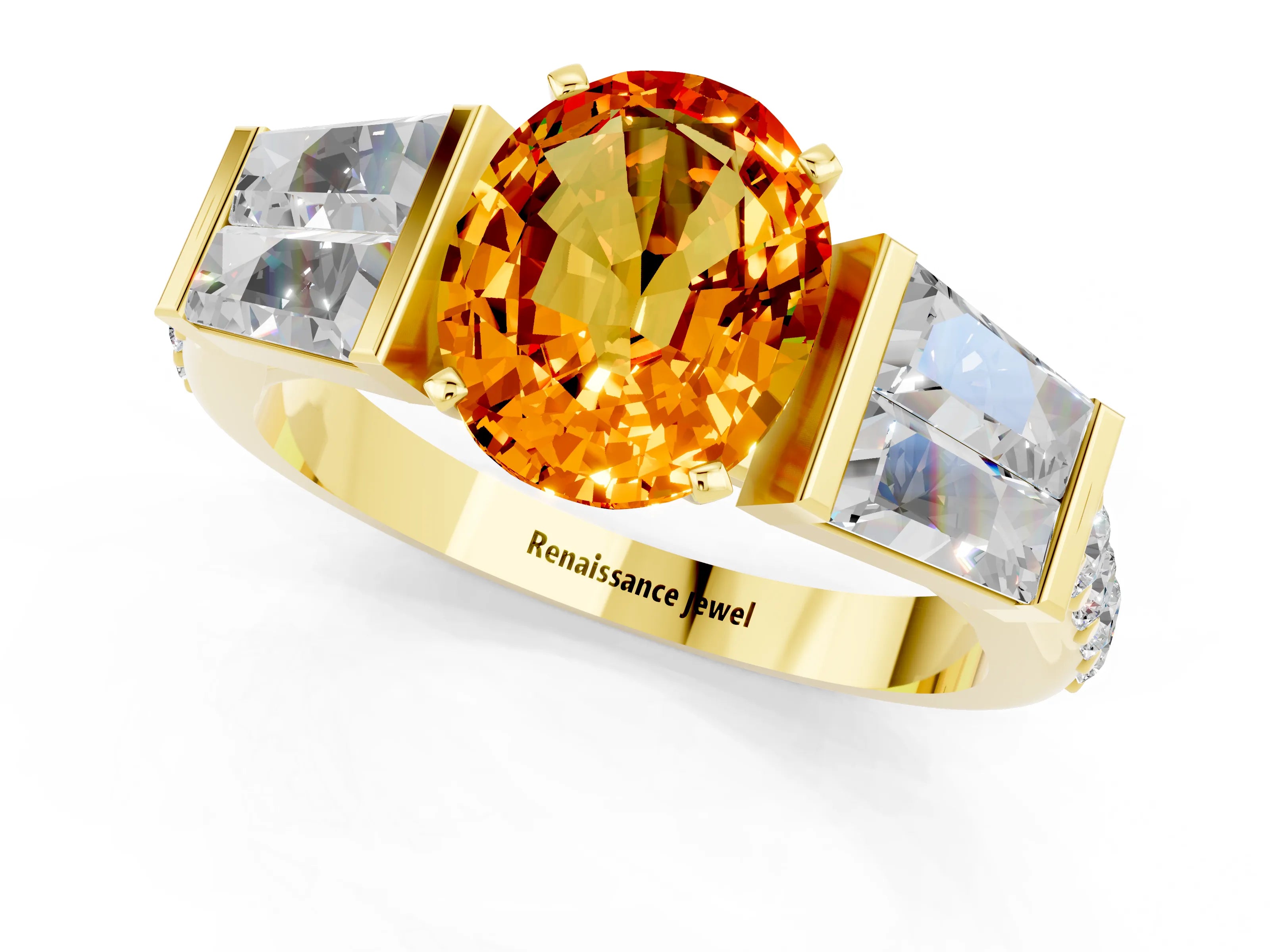 Yellow gold Oval Cut Citrine Engagement Ring with Baguette Side Stones and Channel Set Band_1