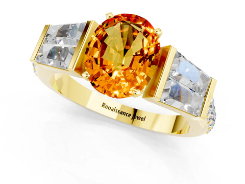 Yellow gold Oval Cut Citrine Engagement Ring with Baguette Side Stones and Channel Set Band_1