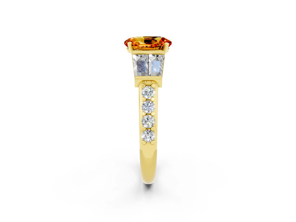 Yellow gold Oval Cut Citrine Engagement Ring with Baguette Side Stones and Channel Set Band