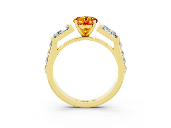 Yellow gold Oval Cut Citrine Engagement Ring with Baguette Side Stones and Channel Set Band