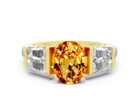 Yellow gold Oval Cut Citrine Engagement Ring with Baguette Side Stones and Channel Set Band