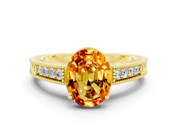 Yellow gold Oval Cut Citrine Engagement Ring with Milgrain Channel Set Band and Prong Setting