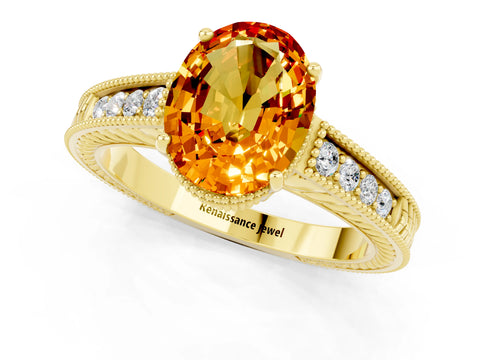Yellow gold Oval Cut Citrine Engagement Ring with Milgrain Channel Set Band and Prong Setting_1
