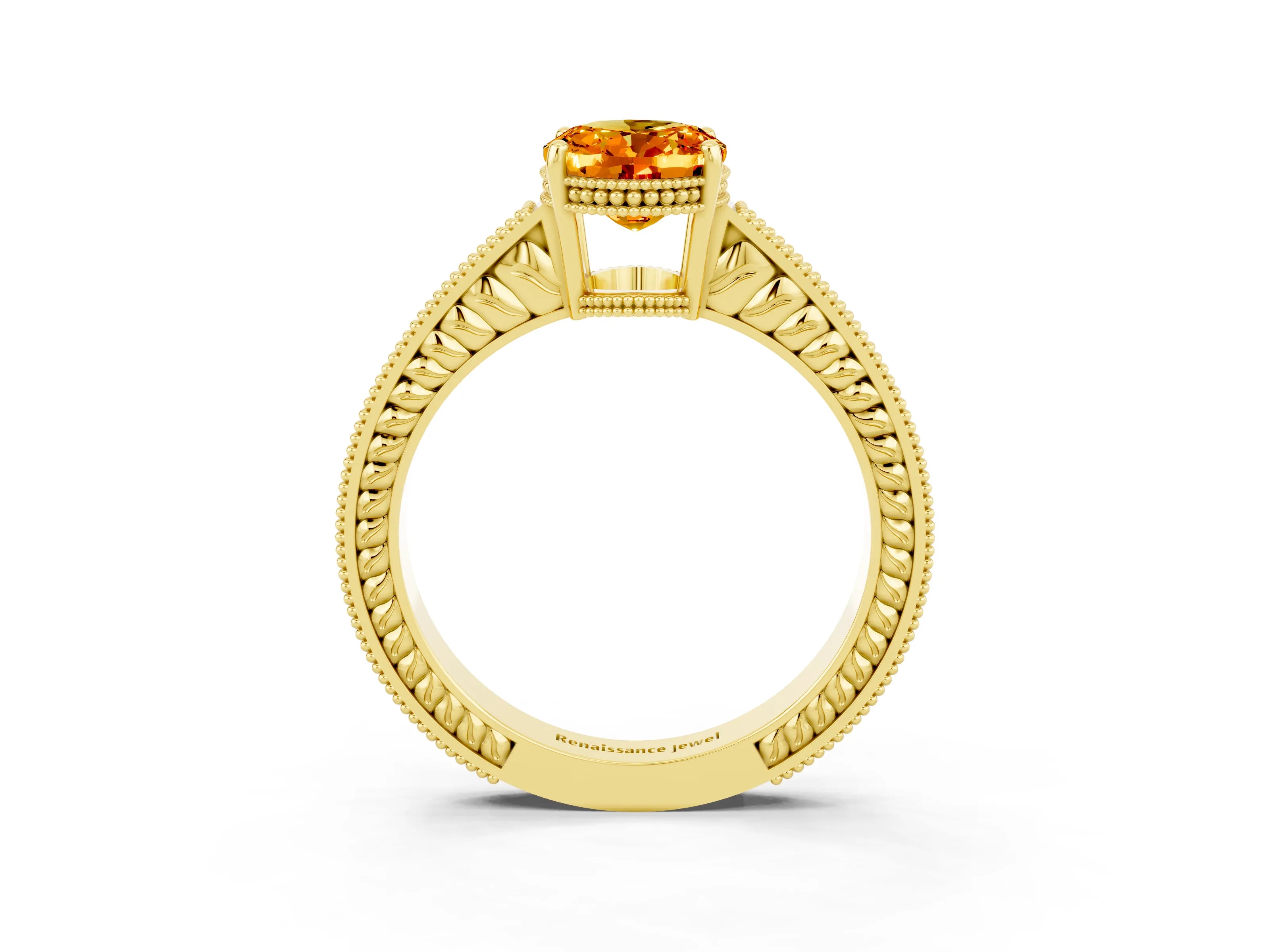 Yellow gold Oval Cut Citrine Engagement Ring with Milgrain Channel Set Band and Prong Setting_3