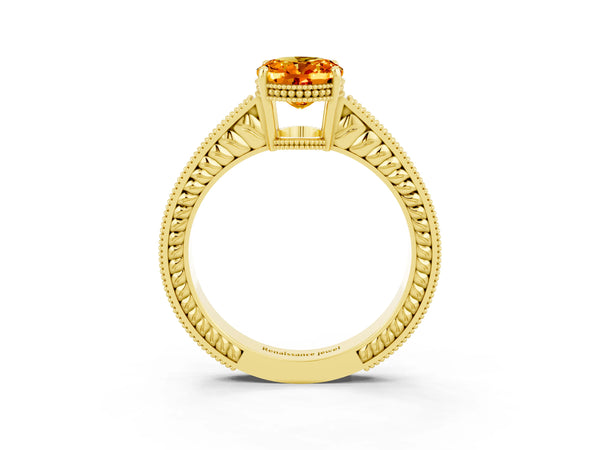 Yellow gold Oval Cut Citrine Engagement Ring with Milgrain Channel Set Band and Prong Setting