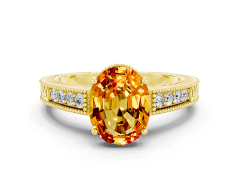 Yellow gold Oval Cut Citrine Engagement Ring with Milgrain Channel Set Band and Prong Setting