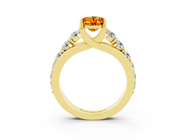 Yellow gold Oval Cut Citrine Engagement Ring with Pavé Band and Four-Prong Setting