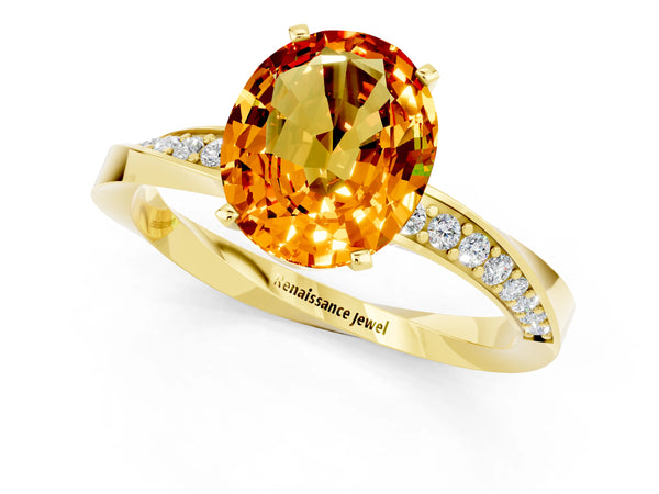 Yellow gold Oval Cut Citrine Engagement Ring with Side Stone Accents and Four-Prong Setting