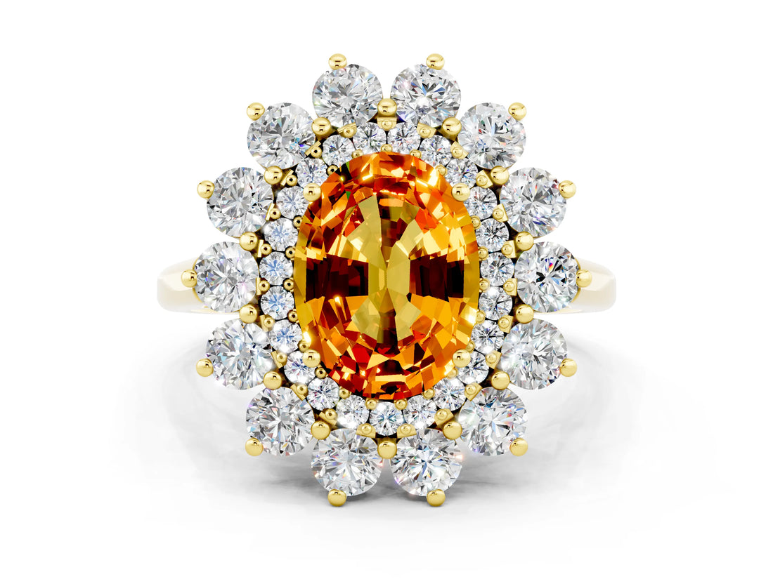 Yellow gold Oval Cut Citrine Floral Double Halo Engagement Ring with Prong Setting_48