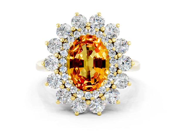 Yellow gold Oval Cut Citrine Floral Double Halo Engagement Ring with Prong Setting