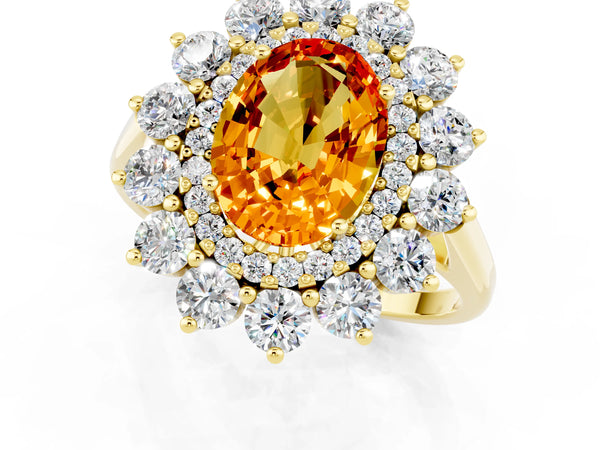 Yellow gold Oval Cut Citrine Floral Double Halo Engagement Ring with Prong Setting