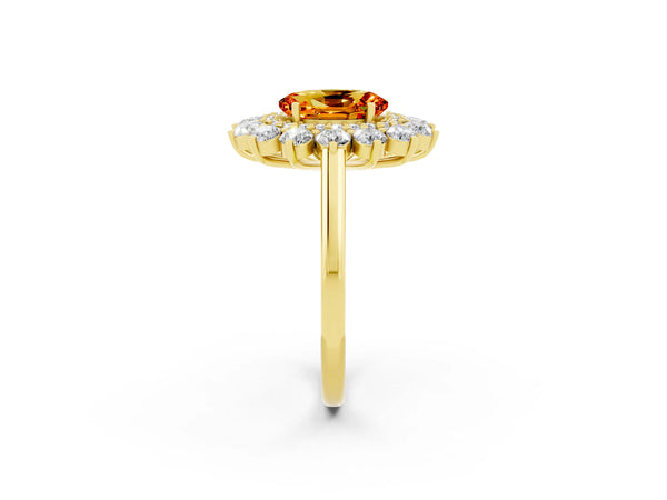 Yellow gold Oval Cut Citrine Floral Double Halo Engagement Ring with Prong Setting