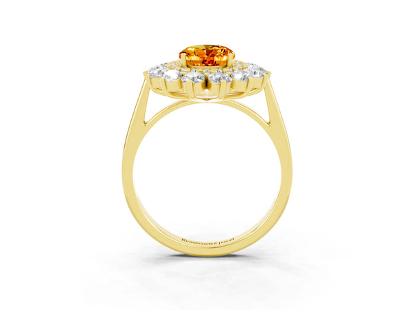 Yellow gold Oval Cut Citrine Floral Double Halo Engagement Ring with Prong Setting