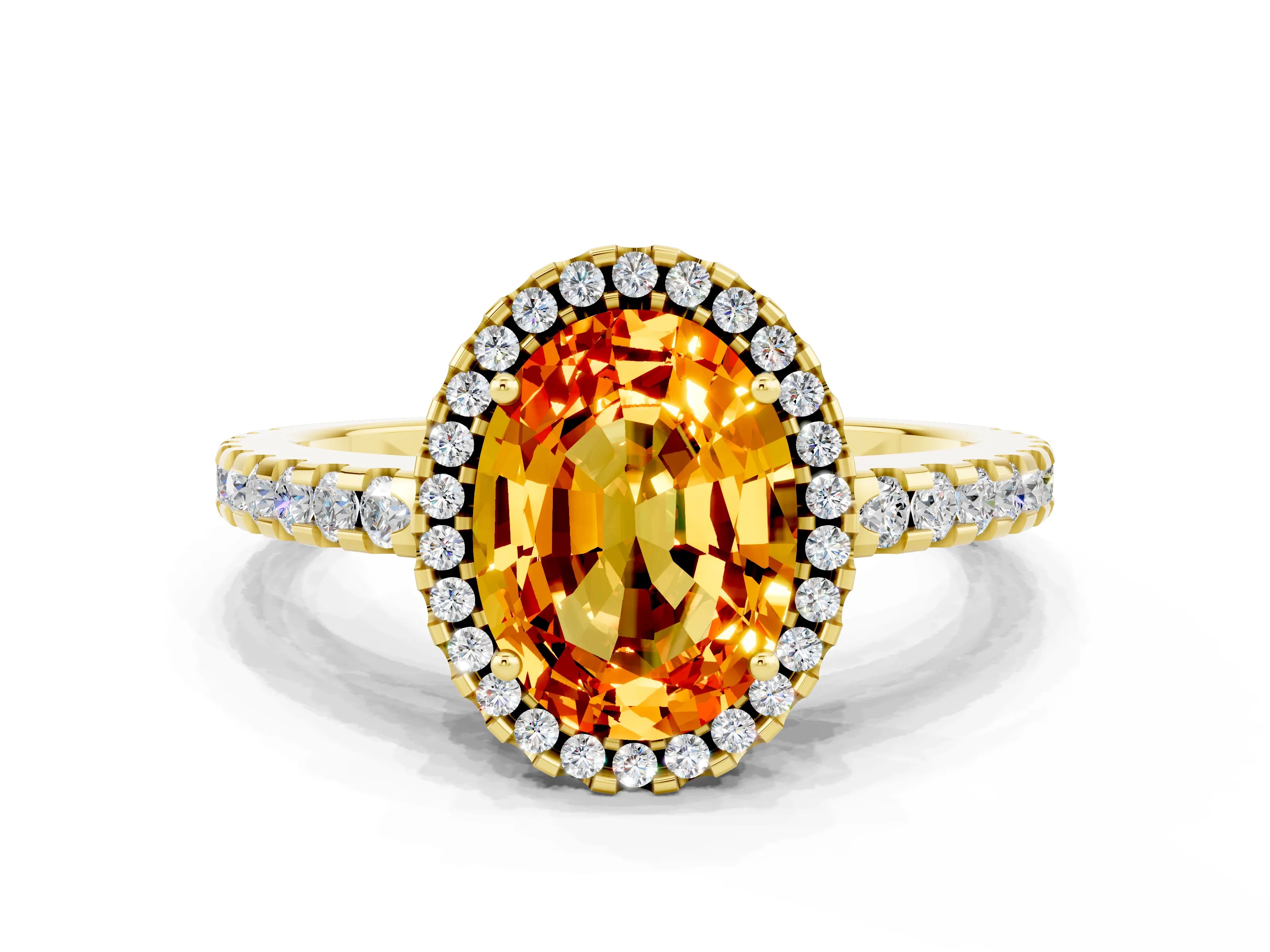 Yellow gold Oval Cut Citrine Halo Engagement Ring with Pavé Band and Prong Setting_12