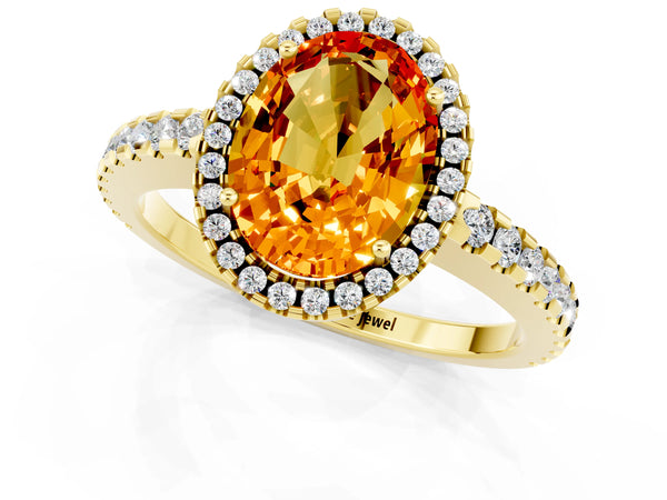 Yellow gold Oval Cut Citrine Halo Engagement Ring with Pavé Band and Prong Setting