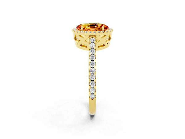 Yellow gold Oval Cut Citrine Halo Engagement Ring with Pavé Band and Prong Setting