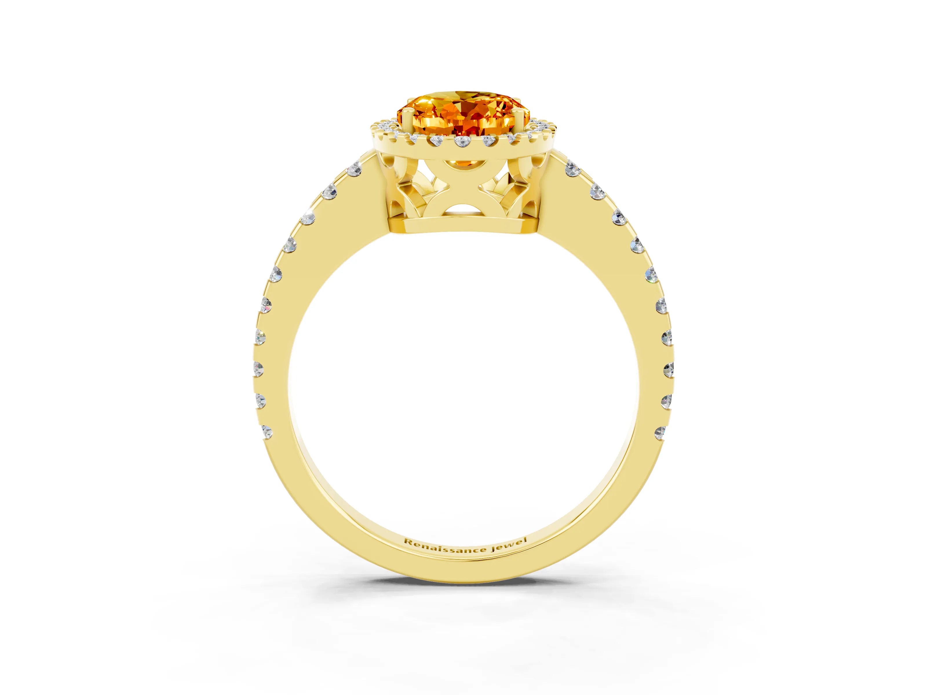 Yellow gold Oval Cut Citrine Halo Engagement Ring with Pavé Band and Prong Setting_15
