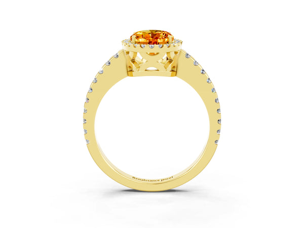 Yellow gold Oval Cut Citrine Halo Engagement Ring with Pavé Band and Prong Setting