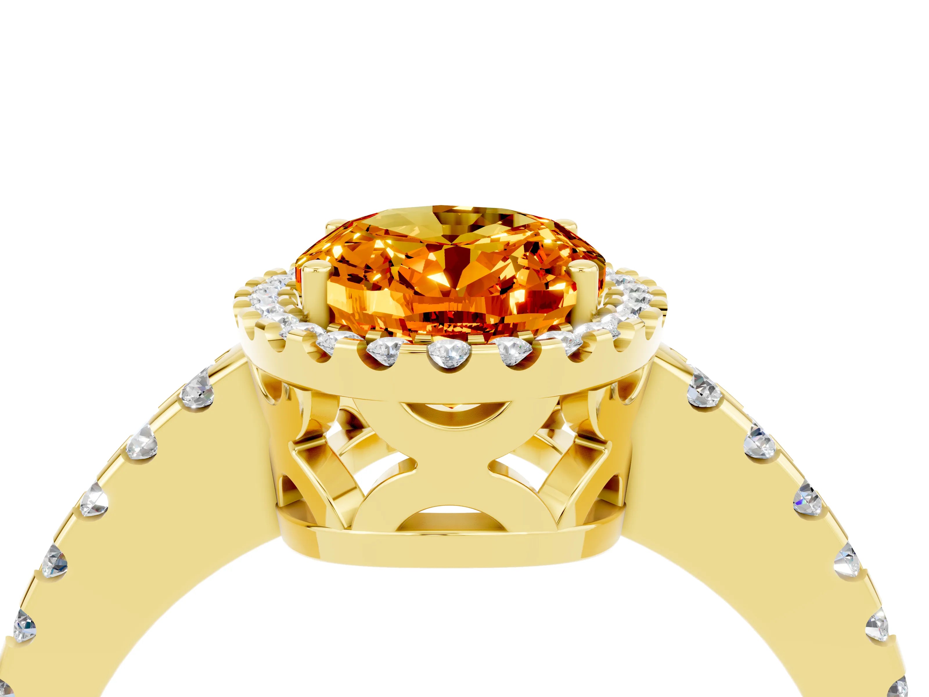 Yellow gold Oval Cut Citrine Halo Engagement Ring with Pavé Band and Prong Setting_16