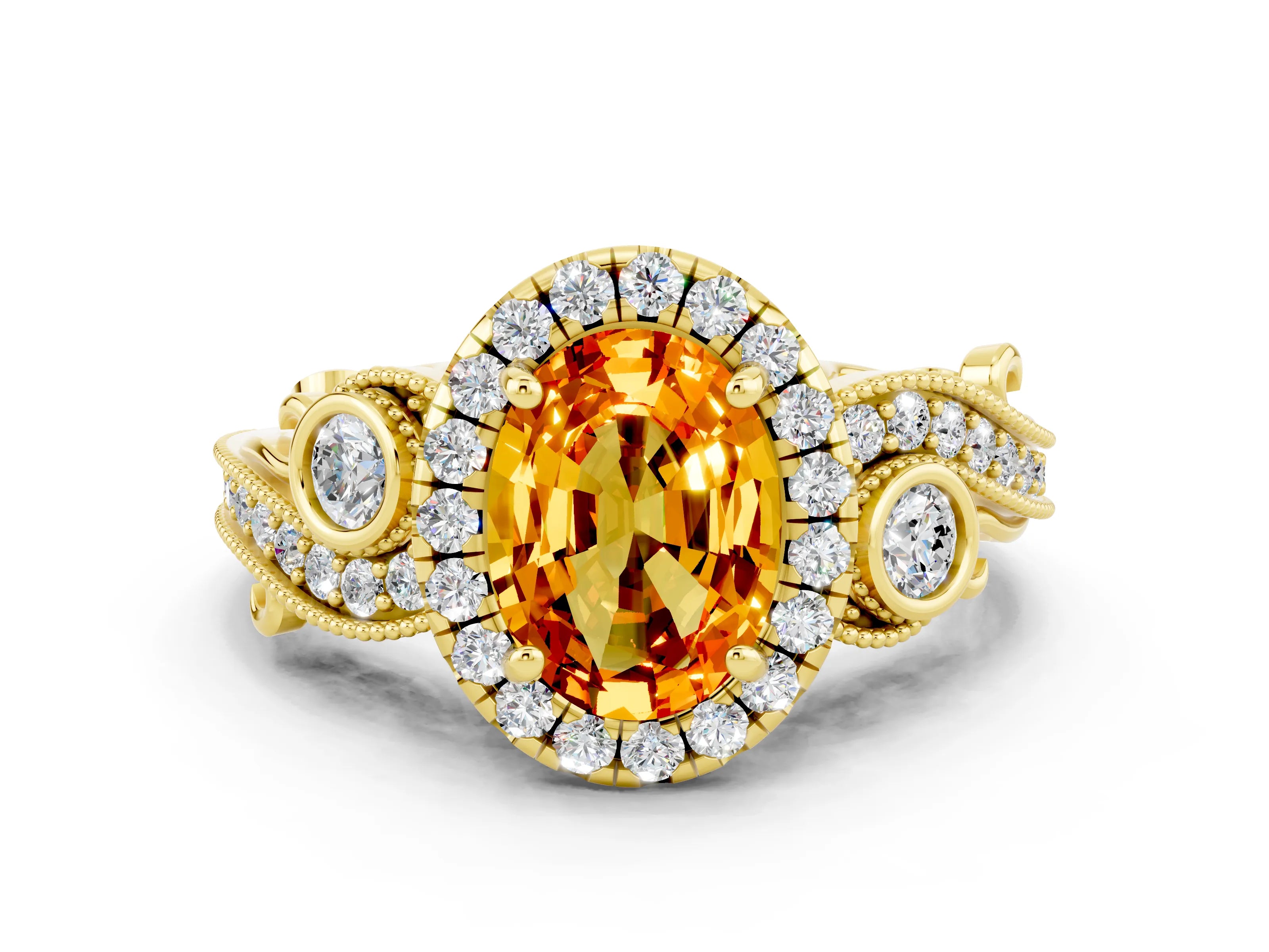 Yellow gold Oval Cut Citrine Halo Ring with Milgrain Pavé Band and Four-Prong Setting_12