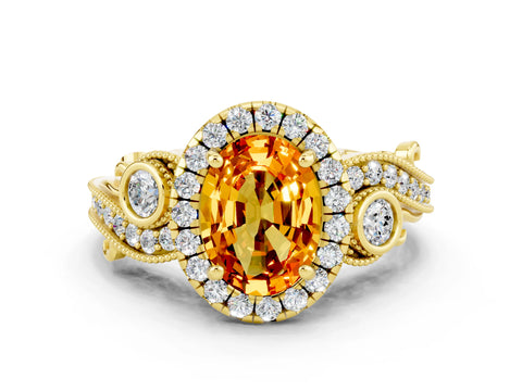 Yellow gold Oval Cut Citrine Halo Ring with Milgrain Pavé Band and Four-Prong Setting_12