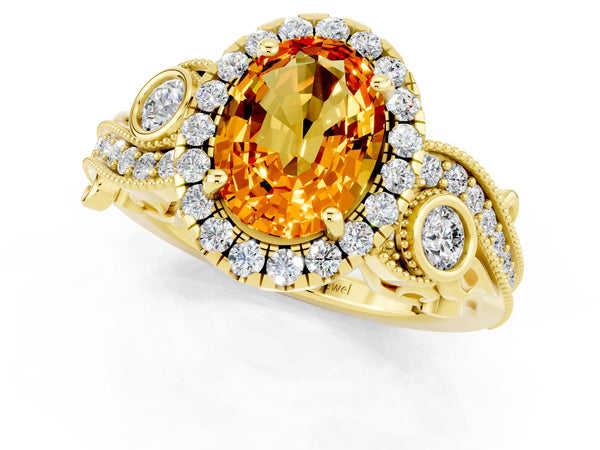 Yellow gold Oval Cut Citrine Halo Ring with Milgrain Pavé Band and Four-Prong Setting