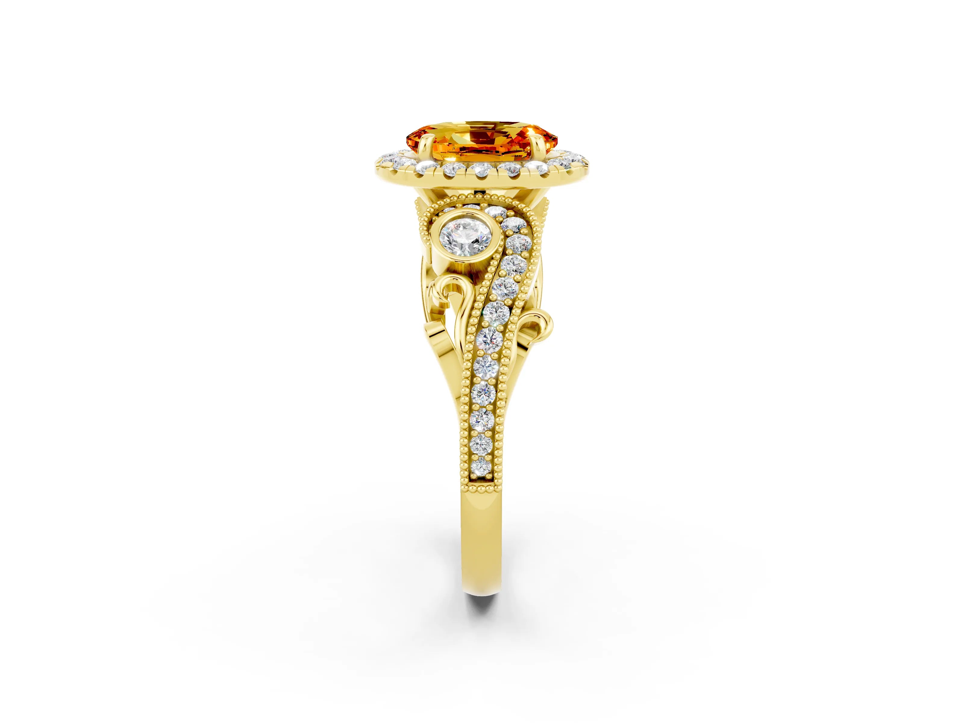 Yellow gold Oval Cut Citrine Halo Ring with Milgrain Pavé Band and Four-Prong Setting_14