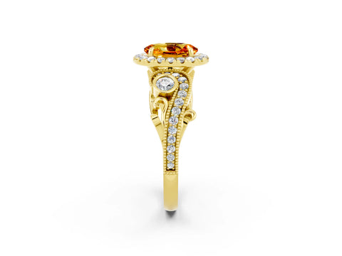 Yellow gold Oval Cut Citrine Halo Ring with Milgrain Pavé Band and Four-Prong Setting_14