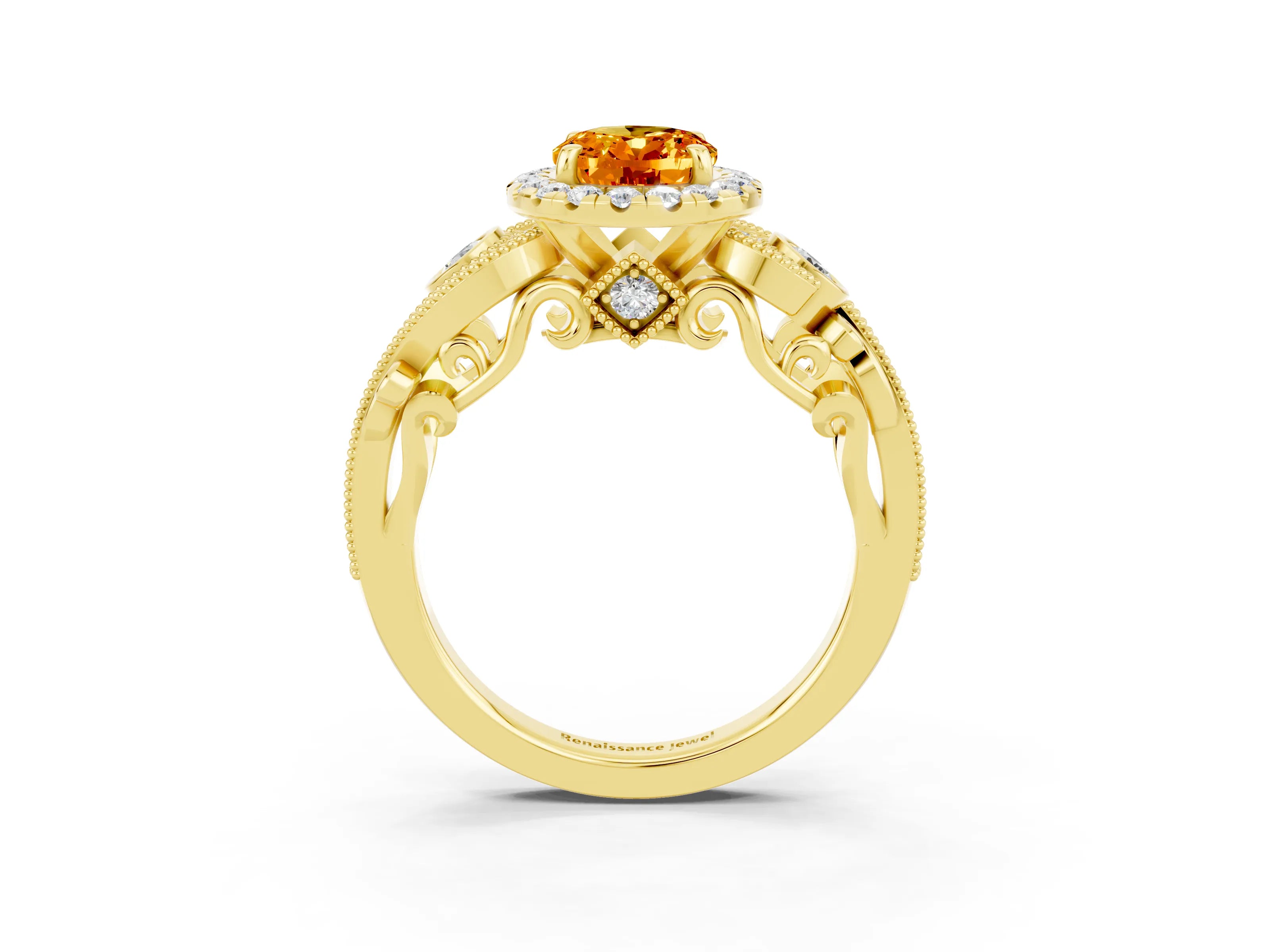 Yellow gold Oval Cut Citrine Halo Ring with Milgrain Pavé Band and Four-Prong Setting_15