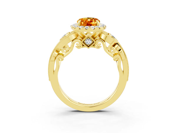 Yellow gold Oval Cut Citrine Halo Ring with Milgrain Pavé Band and Four-Prong Setting
