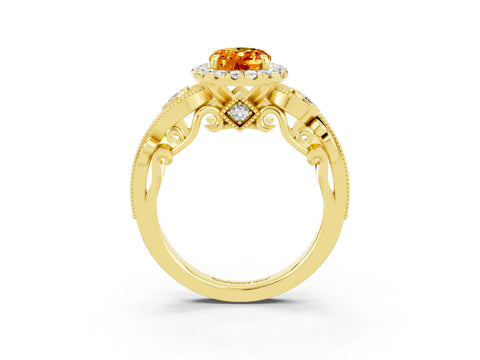 Yellow gold Oval Cut Citrine Halo Ring with Milgrain Pavé Band and Four-Prong Setting_15