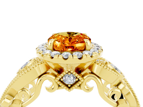 Yellow gold Oval Cut Citrine Halo Ring with Milgrain Pavé Band and Four-Prong Setting_16