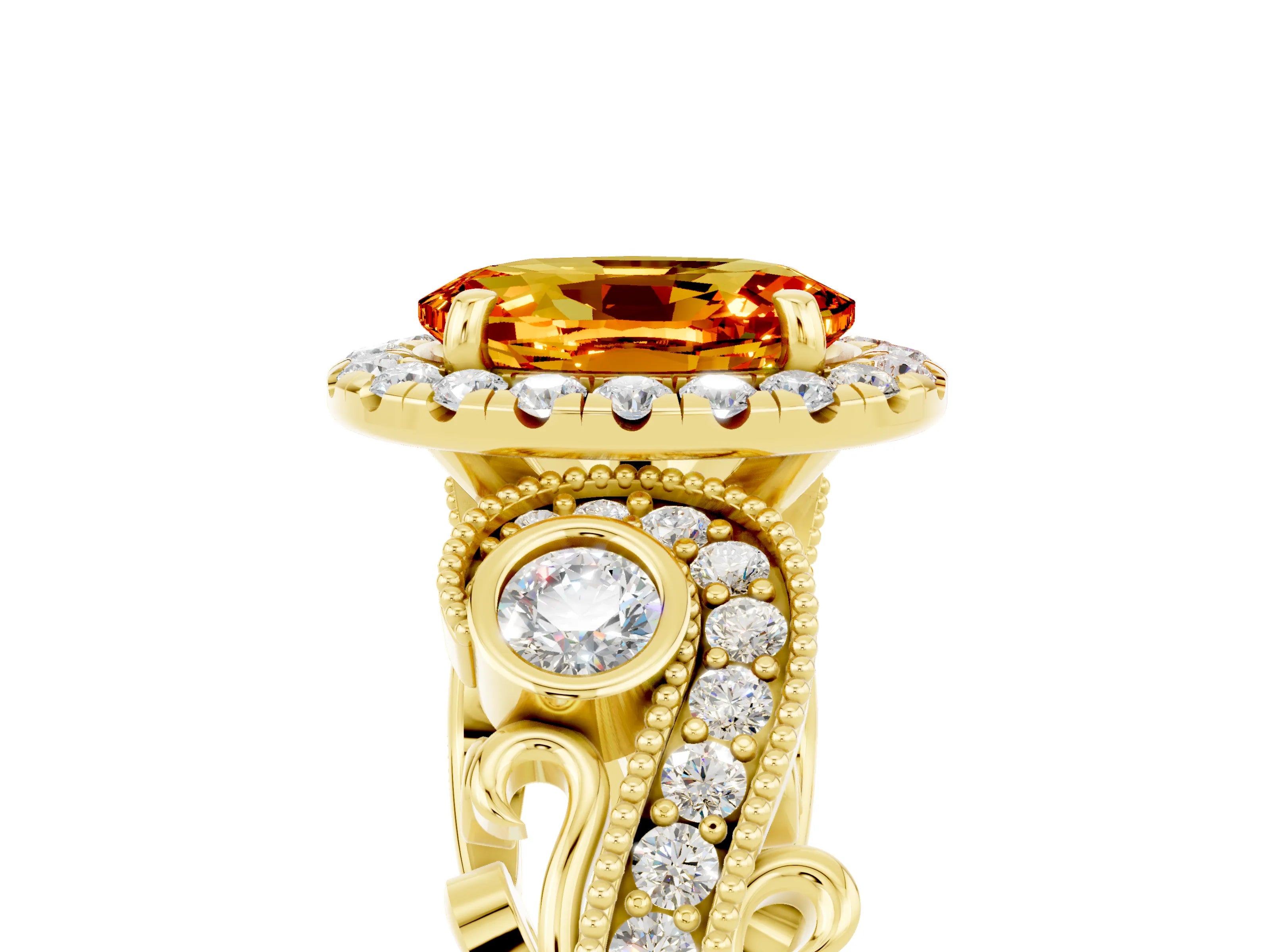 Yellow gold Oval Cut Citrine Halo Ring with Milgrain Pavé Band and Four-Prong Setting_17