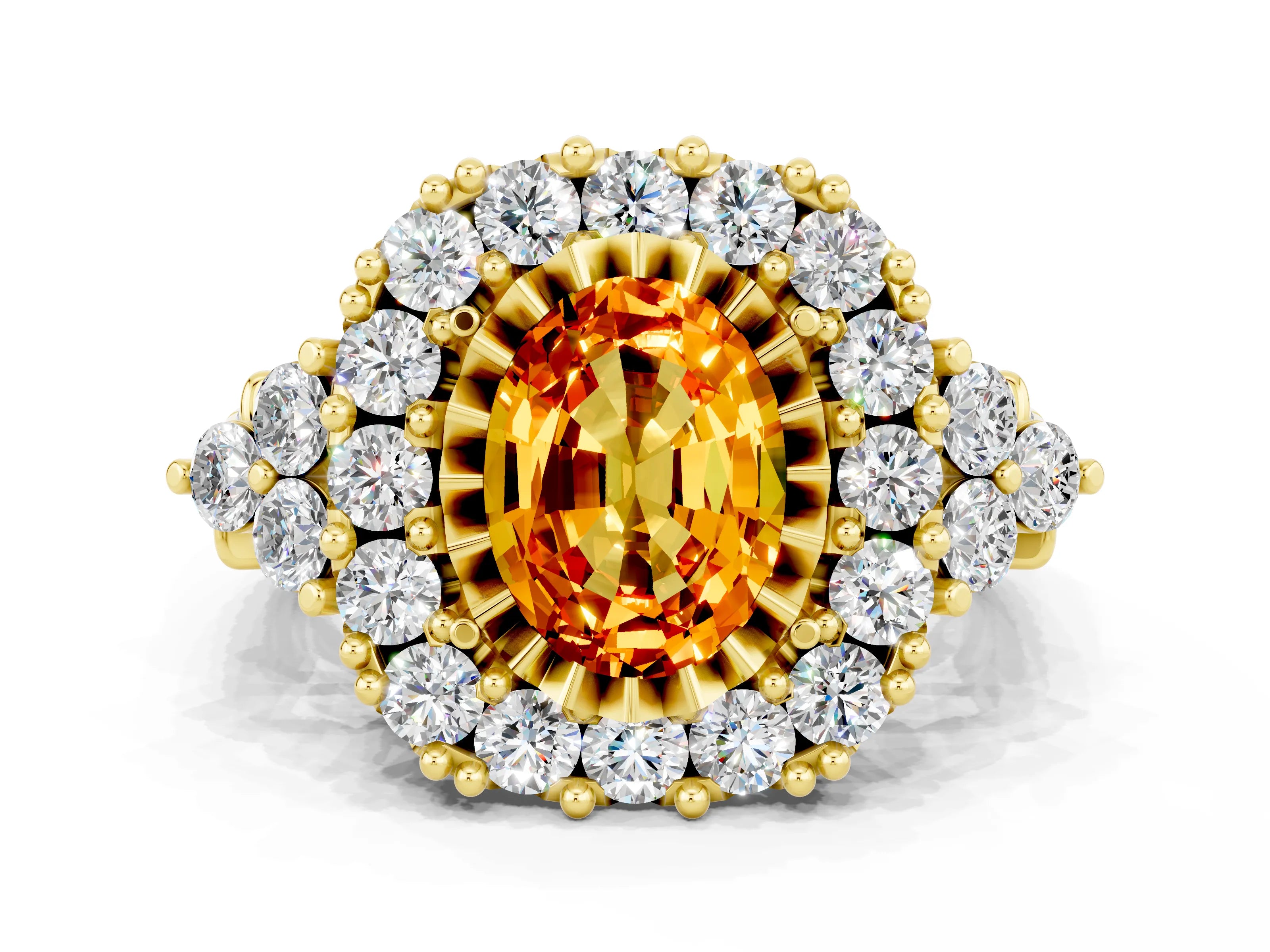 Yellow gold Oval Cut Citrine Halo Ring with Pavé Band and Four-Prong Setting_12