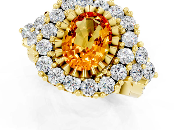 Yellow gold Oval Cut Citrine Halo Ring with Pavé Band and Four-Prong Setting