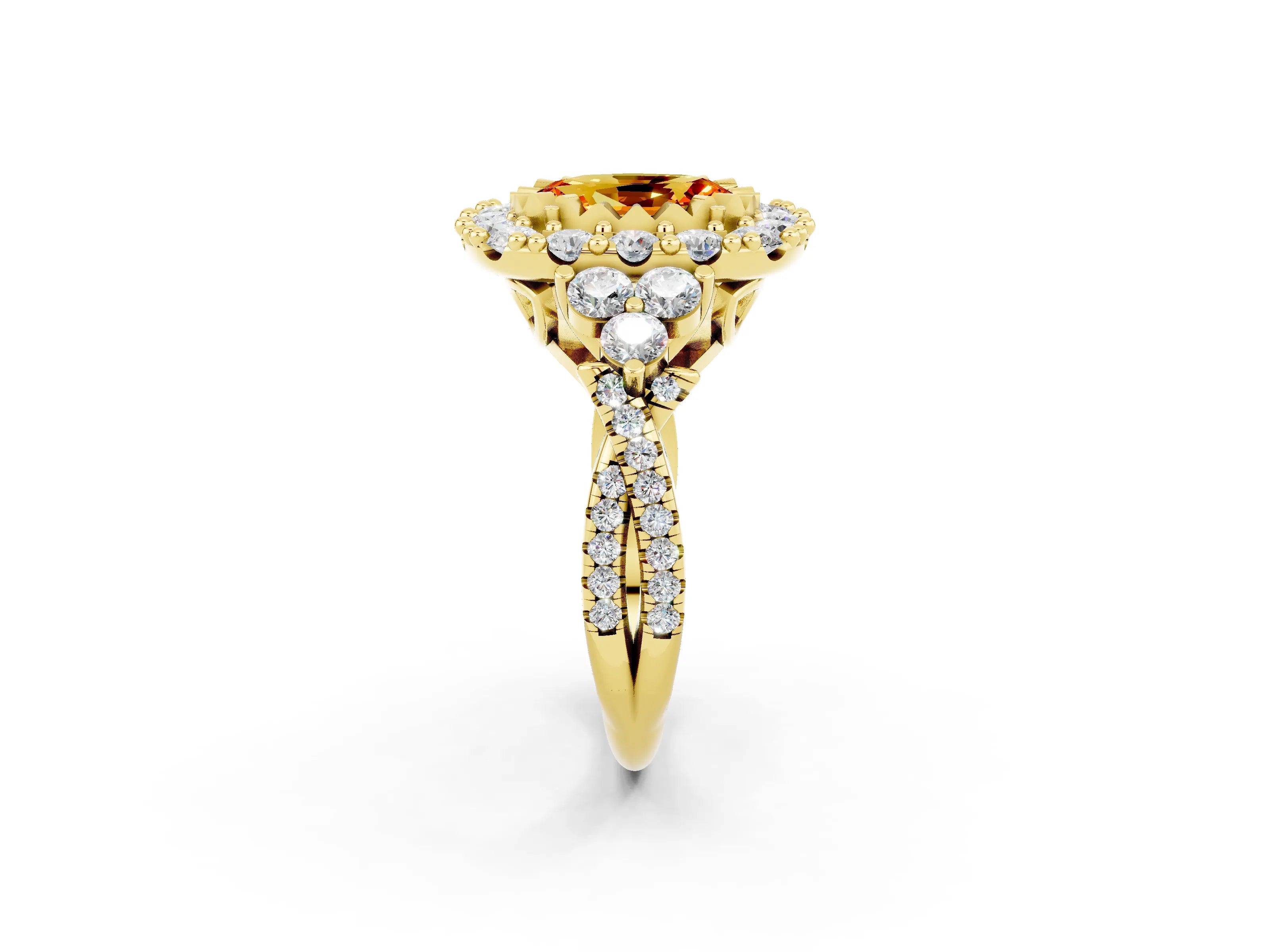 Yellow gold Oval Cut Citrine Halo Ring with Pavé Band and Four-Prong Setting_14