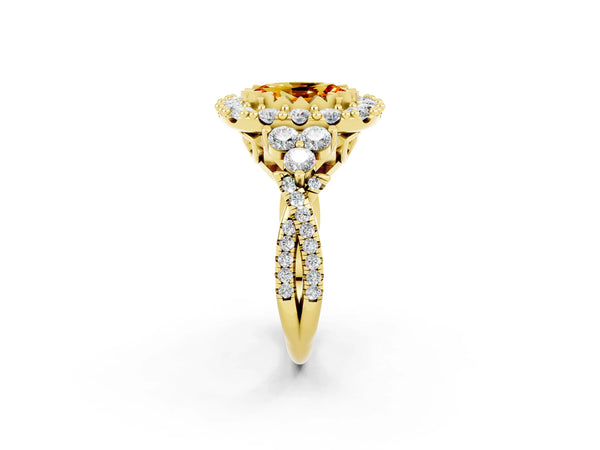 Yellow gold Oval Cut Citrine Halo Ring with Pavé Band and Four-Prong Setting