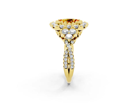 Yellow gold Oval Cut Citrine Halo Ring with Pavé Band and Four-Prong Setting_14