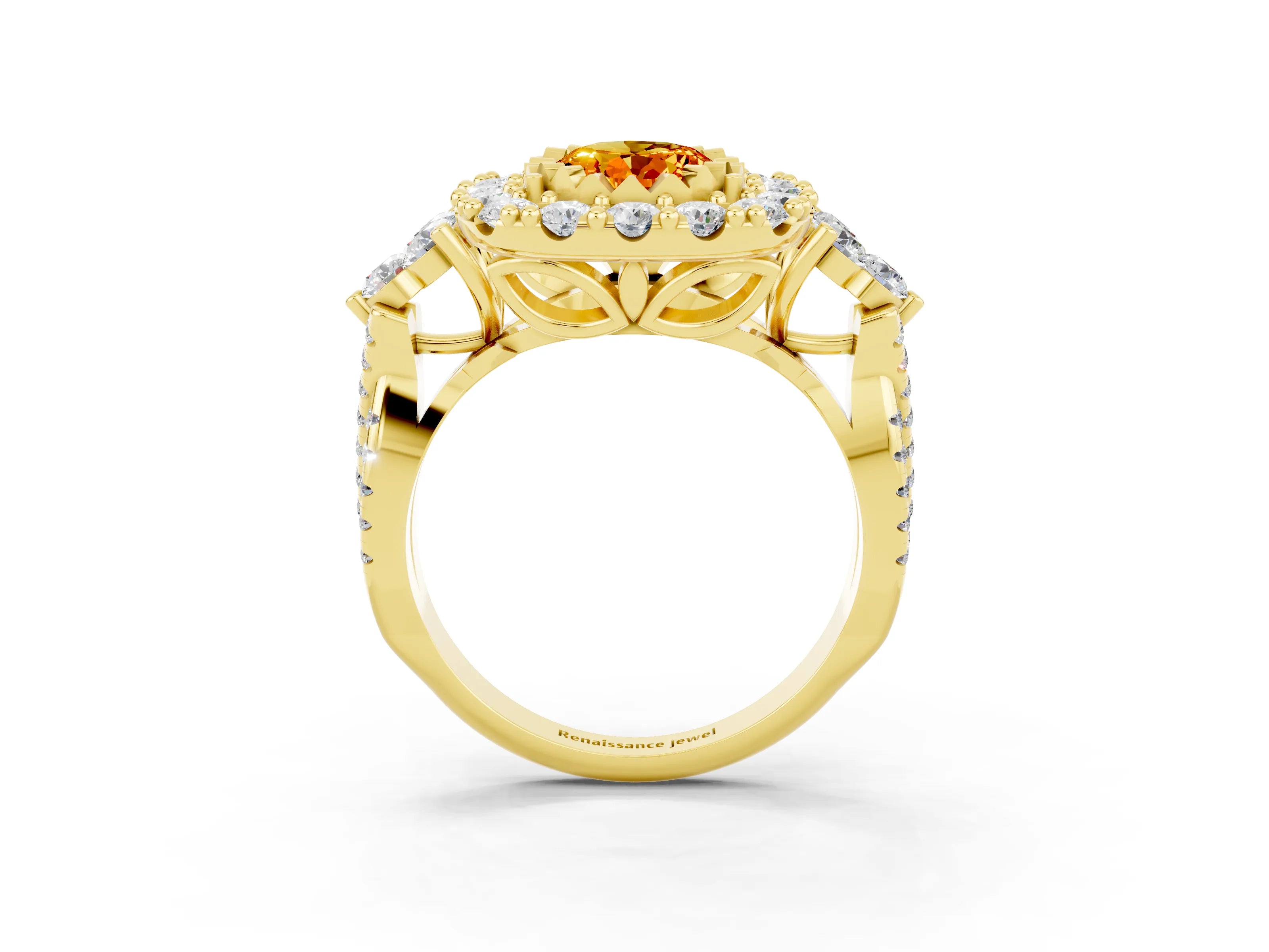 Yellow gold Oval Cut Citrine Halo Ring with Pavé Band and Four-Prong Setting_15