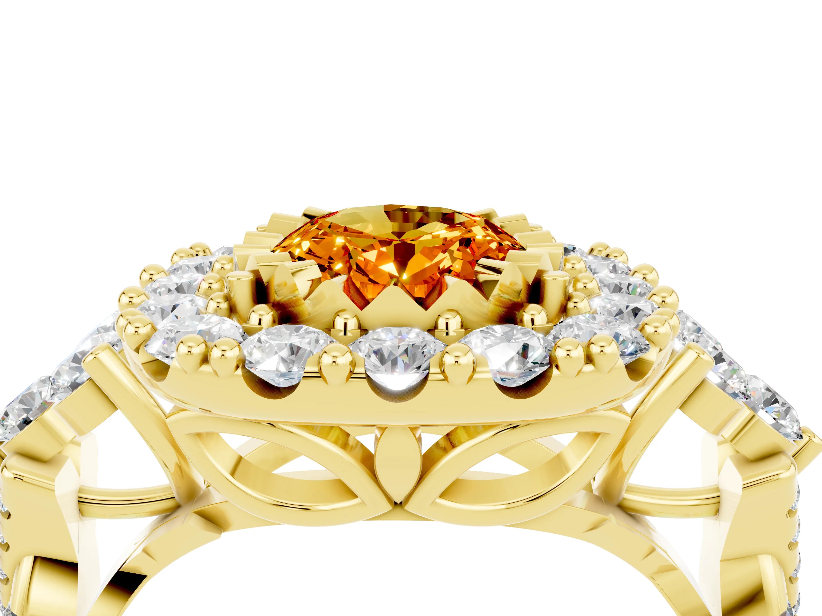 Yellow gold Oval Cut Citrine Halo Ring with Pavé Band and Four-Prong Setting_16